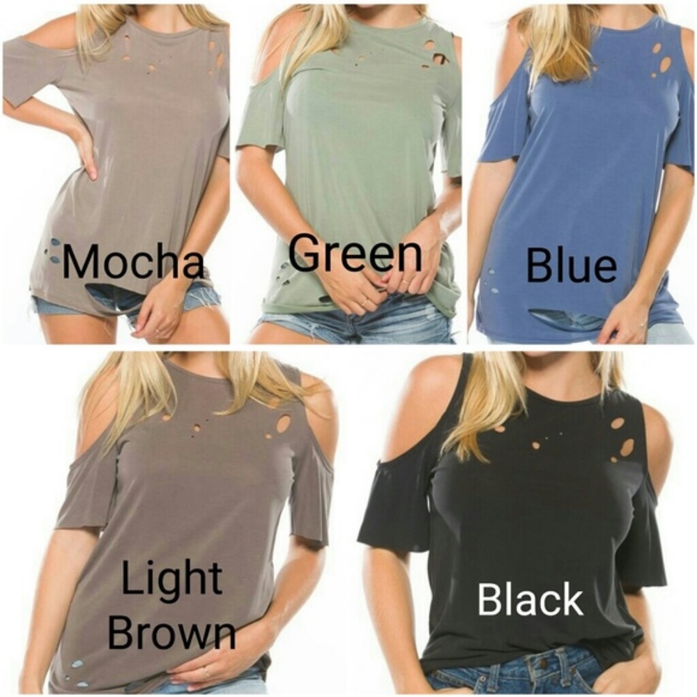 COLD SHOULDER DISTRESSED MOCHA TEE - Picture 6 of 6